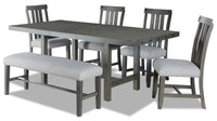 Ensemble de salle à manger Alto 6 pièces avec table, banc, rallonge de 65 po à 83 po (L), base à tréteaux et 4 chaises - gris