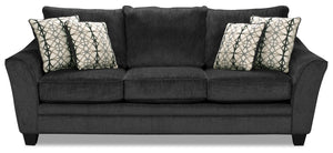 Sofa Febe de 100 po fabriqué au Canada en tissu de chenille avec accoudoirs évasés et coussins décoratifs - gris anthracite