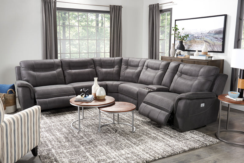 Sofa sectionnel à inclinaison électrique Floy 6 pièces en suédine avec appuie-têtes électriques, console de rangement et port USB - gris