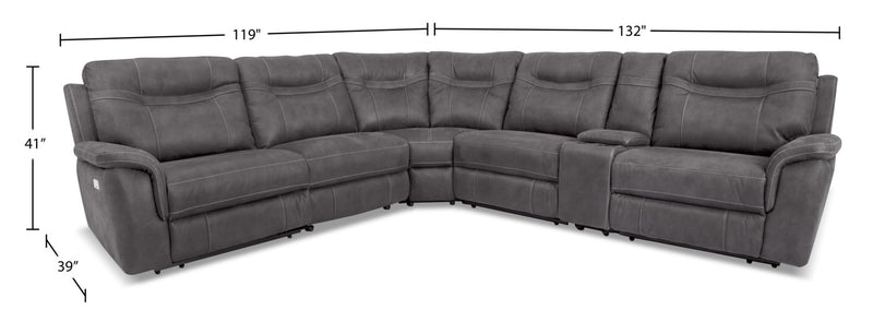 Sofa sectionnel à inclinaison électrique Floy 6 pièces en suédine avec appuie-têtes électriques, console de rangement et port USB - gris