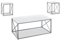 Ensemble 3 tables modernes Kasey de 42,25 po (table à café et 2 tables de bout) - blanc avec base en métal gris