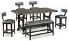 Ensemble de salle à manger Ironworks 6 pièces de hauteur comptoir en métal avec table de 72 po (L), base à tréteaux, banc et 4 chaises - gris