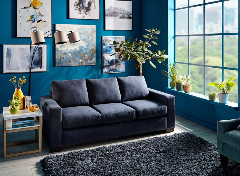 Sofa personnalisable Track de Sofa Lab de 85 po fabriqué au Canada en tissu d’apparence lin avec accoudoirs rectilignes - bleu Pax Navy