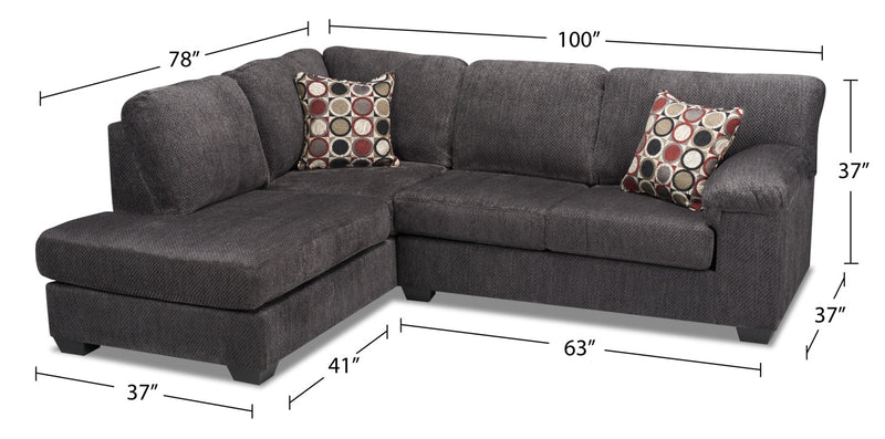 Sofa sectionnel de gauche Morty 2 pièces fabriqué au Canada en tissu de chenille avec coussins décoratifs - gris