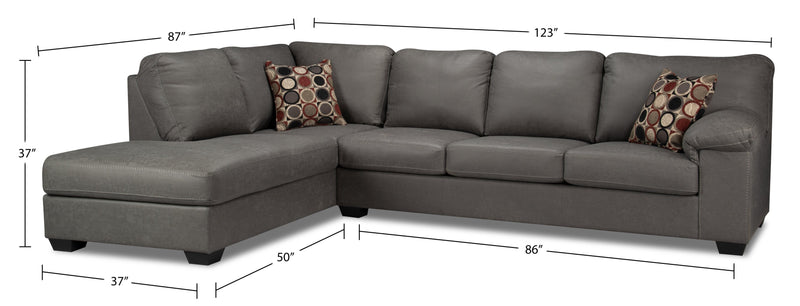 Sofa-lit sectionnel de gauche Morty 2 pièces fabriqué au Canada en tissu d’apparence cuir avec coussins décoratifs - gris
