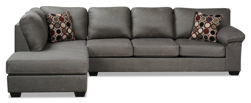 Sofa-lit sectionnel de gauche Morty 2 pièces fabriqué au Canada en tissu d’apparence cuir avec coussins décoratifs - gris