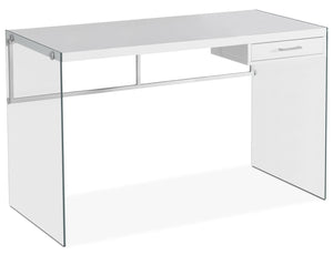 Bureau d’ordinateur Kylie de 48 po avec tiroir - blanc avec pattes en verre