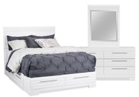 Ensemble de chambre à coucher Olivia 5 pièces fabriqué au Canada avec lit de rangement, commode et miroir, blanc - format lit double