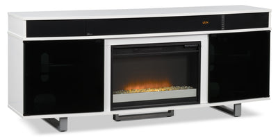 Odesos 72" TV Stand with Glass Ember Firebox and Soundbar – White - Modern style TV Stand with Fireplace in White