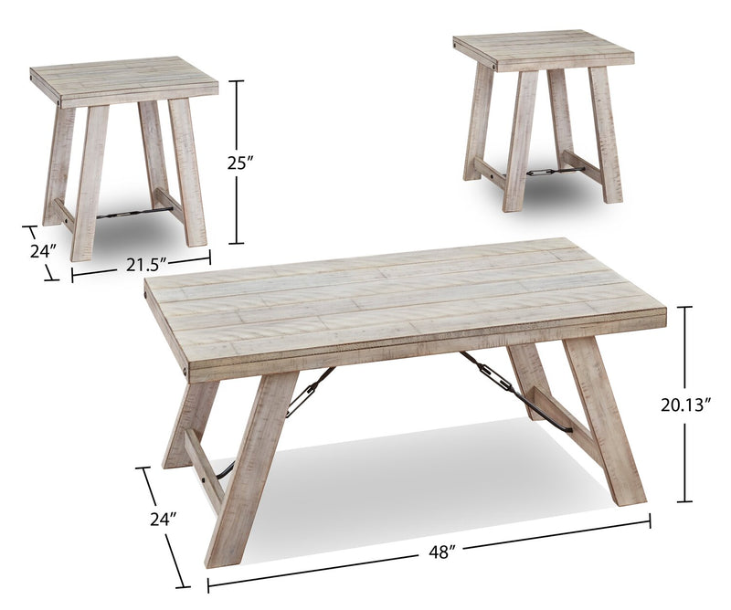 Ensemble 3 tables rustiques Carynhurst de 48 po (table à café et 2 tables de bout) - bois blanchi
