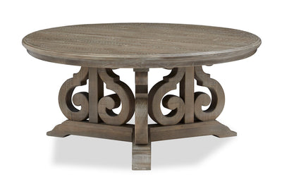 Tinley Park 40" Traditional Round Coffee Table - Grey-Brown Pine with Scroll Design Base|Table à café ronde traditionnelle Tinley Park de 40 po - pin gris-brun avec base à volutes