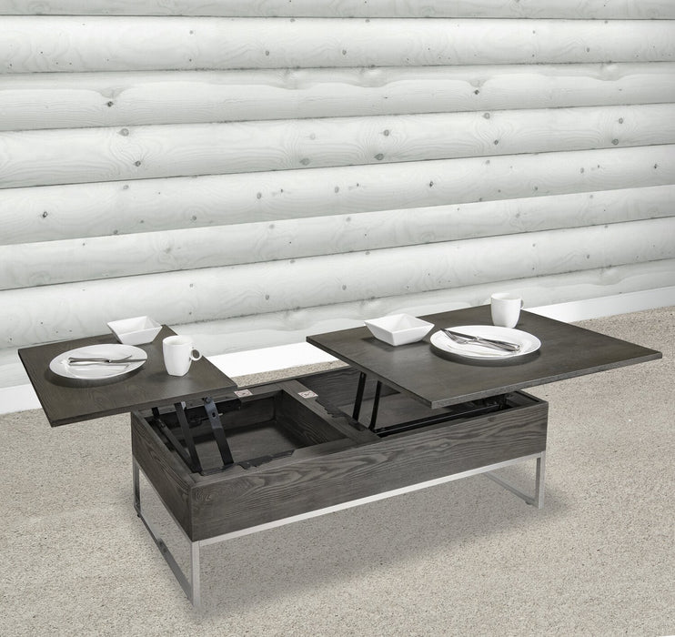 Table à café moderne Echo de 47,25 po avec dessus relevable et rangement - brune avec pattes en métal argenté