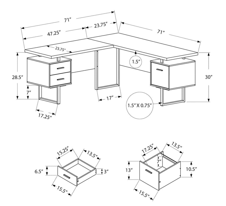 Bureau en coin en forme de L réversible Marnie de 71 po à 3 tiroirs - blanc