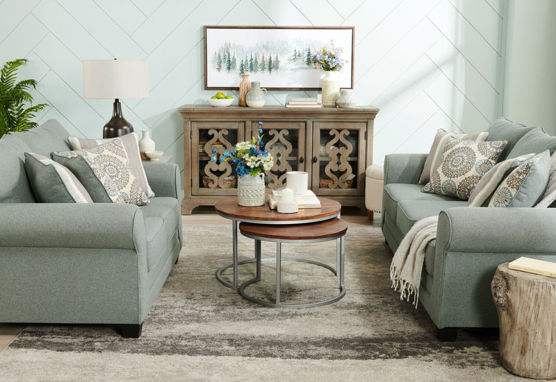 Sofa Tula de 88 po fabriqué au Canada en tissu avec accoudoirs enroulés et coussins décoratifs - gris brume