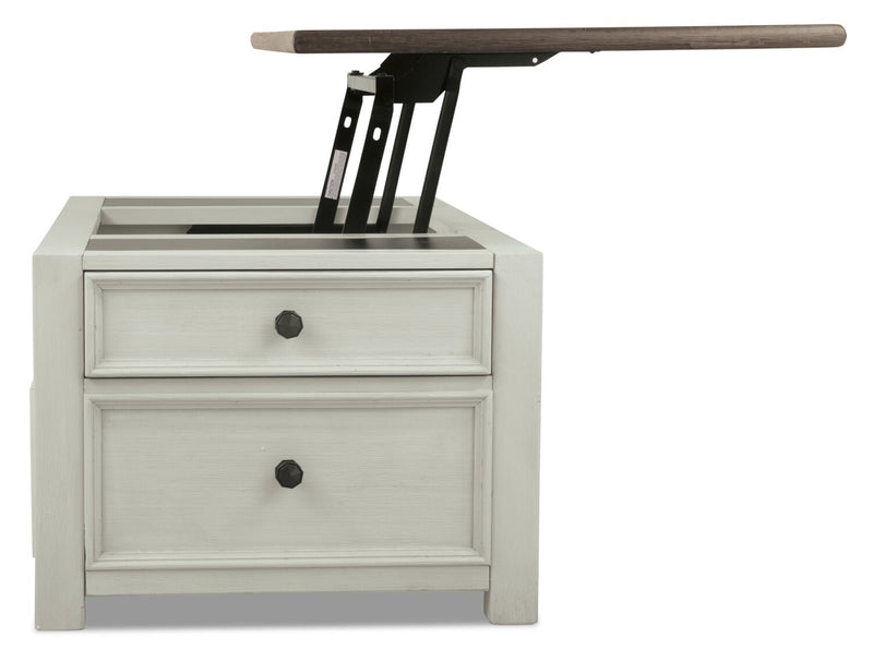 Table à café rustique Colby de 46 po avec dessus relevable, rangement et roulettes - bois deux teintes