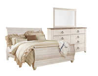 Ensemble de chambre à coucher Willowton 5 pièces avec lit-bateau, commode et miroir, blanchi - format très grand lit