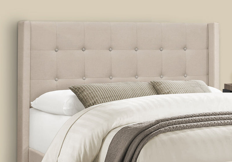 Lit rembourré Zara en tissu d’apparence lin beige avec capitonnage à boutons - format grand lit