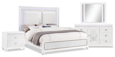 Ava 6pc Bedroom Set with Bed, Dresser, Mirror & Nightstand, LED, Glam, White - Queen Size | Ensemble de chambre à coucher Ava 6 pièces somptueux avec lit, commode, miroir, table de nuit et écl…