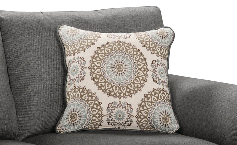 Causeuse Tula de 65 po fabriquée au Canada en tissu avec accoudoirs enroulés et coussins décoratifs - gris acier