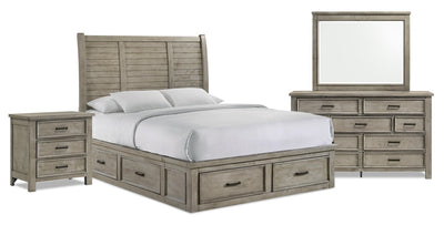 Levi 6pc Bedroom Set with Storage Bed, Dresser, Mirror & Nightstand, Wooden, Drift Grey - Queen Size | Ensemble de chambre à coucher Levi 6 pièces en bois avec lit de rangement, commode, miroir et table de nuit, gris bois de grève - format grand lit