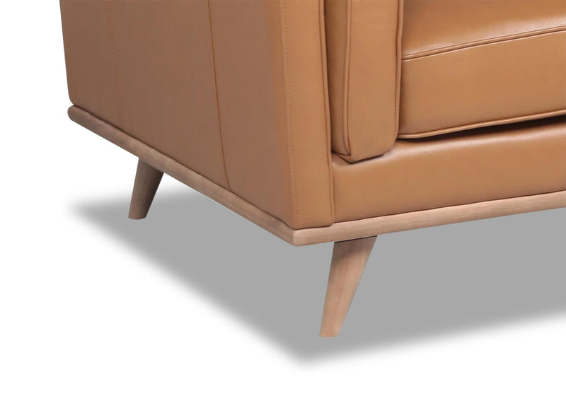 Causeuse Vivia de 63 po en cuir véritable avec coussins de siège amovibles et pattes en bois - brun caramel