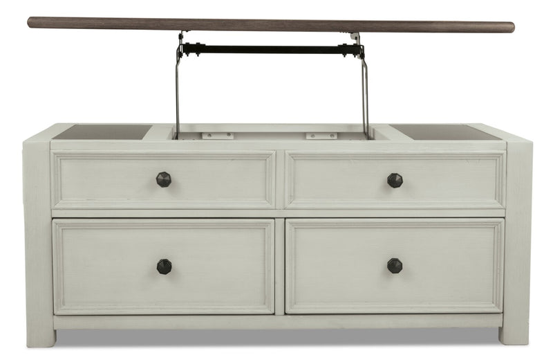 Table à café rustique Colby de 46 po avec dessus relevable, rangement et roulettes - bois deux teintes