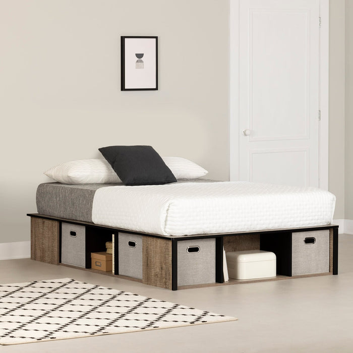 Lit plateforme Everley avec rangement et paniers intégrés, deux couleurs - format lit double