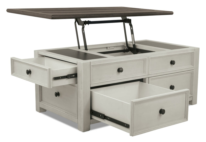 Table à café rustique Colby de 46 po avec dessus relevable, rangement et roulettes - bois deux teintes