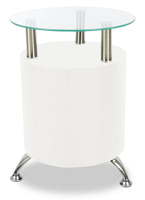 Table de bout ronde moderne Savon de 17,72 po avec dessus en verre et tablette - bois blanc et chrome