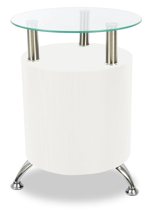 Table de bout ronde moderne Savon de 17,72 po avec dessus en verre et tablette - bois blanc et chrome
