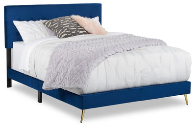 Gabi Upholstered Bed in Blue Velvet Fabric with Gold Finish Legs, Button Tufted - King Size | Lit rembourré Gabi en tissu de velours bleu avec pattes au fini doré et capitonnage à boutons - format très grand lit