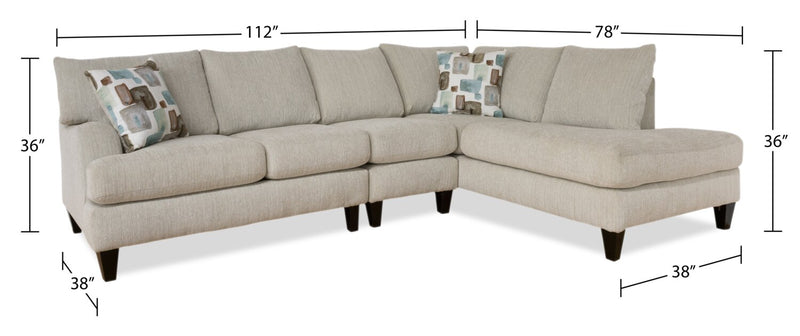Sofa sectionnel de droite Nofia 3 pièces fabriqué au Canada en tissu de chenille avec coussins décoratifs et pattes en bois - beige lin