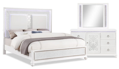 Ava 5pc Bedroom Set with Bed, Dresser & Mirror, LED, Glam, White - Queen Size | Ensemble de chambre à coucher Ava 5 pièces somptueux avec lit, commode, miroir et éclairage à DEL, b…