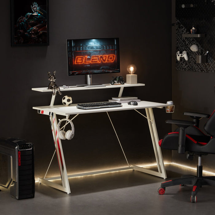 Bureau de jeu Sparta de 48 po avec tablette surélevée pour moniteur - blanc avec touches de noir et de rouge