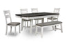 Ensemble de table de salle à manger Echo 6 pièces avec table de 70 po (L), tiroirs de rangement, base à tréteaux, banc et 4 chaises - blanc-gris