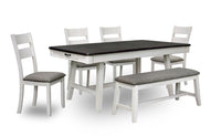 Ensemble de table de salle à manger Echo 6 pièces avec table de 70 po (L), tiroirs de rangement, base à tréteaux, banc et 4 chaises - blanc-gris