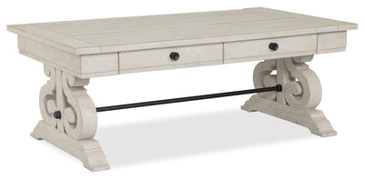 Bronwyn 50" Traditional Coffee Table with Storage - Alabaster Pine with Scroll Design Wood Base|Table à café traditionnelle Bronwyn de 50 po avec rangement - pin albâtre avec base en bois à volutes