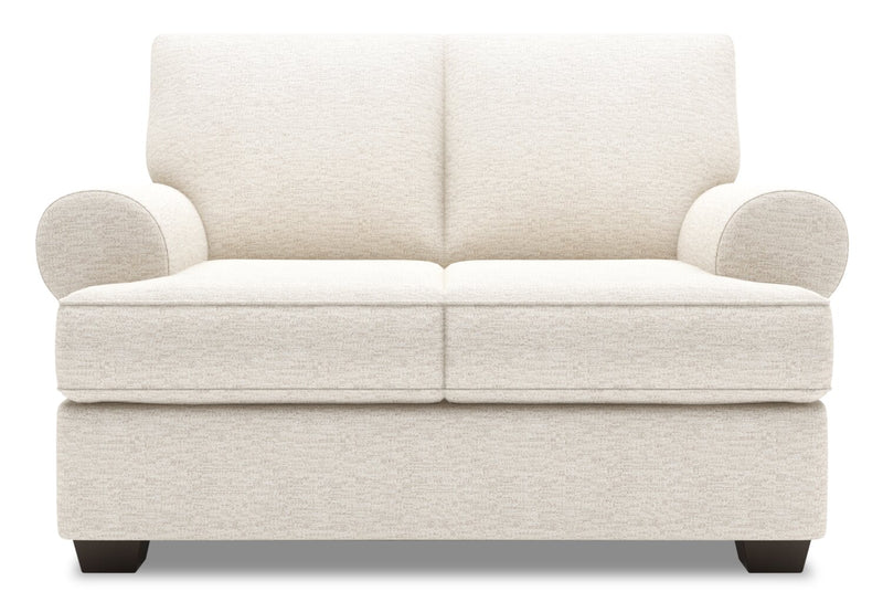 Causeuse personnalisable Roll de Sofa Lab de 64 po fabriquée au Canada en tissu d’apparence lin avec accoudoirs enroulés - beige Luxury Sand