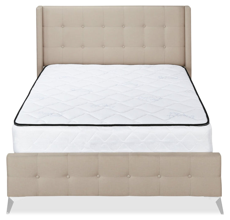 Lit rembourré Zara en tissu d’apparence lin beige avec capitonnage à boutons - format grand lit