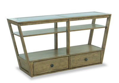 Esme 56" Traditional Glass Top Sofa Table with Storage and Shelf - Light Brown Wood|Table de salon traditionnelle Esme de 56 po avec dessus en verre, rangement et tablette - bois brun clair
