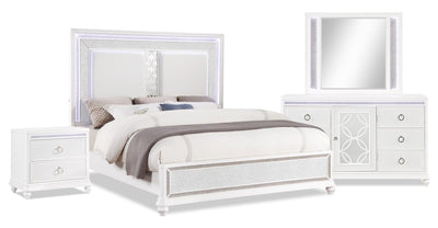 Ava 6pc Bedroom Set with Bed, Dresser, Mirror & Nightstand, LED, Glam, White - King Size | Ensemble de chambre à coucher Ava 6 pièces somptueux avec lit, commode, miroir, table de nuit et écl…