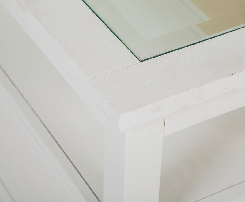 Table de bout traditionnelle Heron Cove de 15 po avec dessus en verre, rangement et tablette - pin blanc