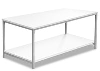 Table à café moderne Myra 40 po avec tablette - blanche avec pattes en métal gris