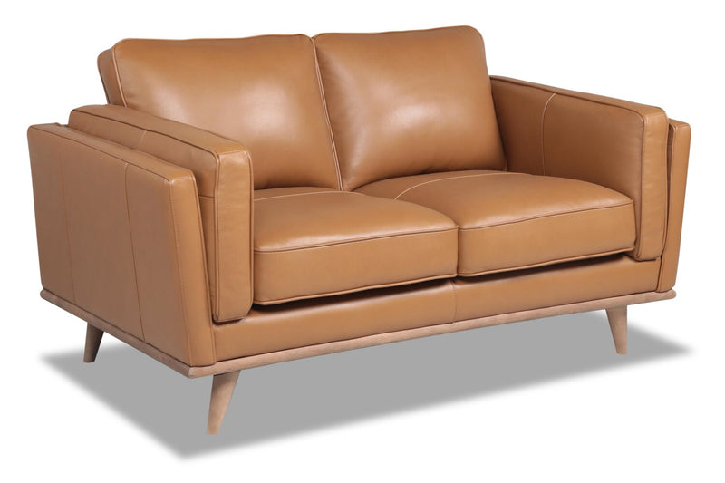 Causeuse Vivia de 63 po en cuir véritable avec coussins de siège amovibles et pattes en bois - brun caramel