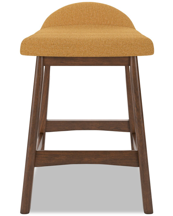 Tabouret Jovi de hauteur comptoir en tissu d’apparence lin et en bois - moutarde