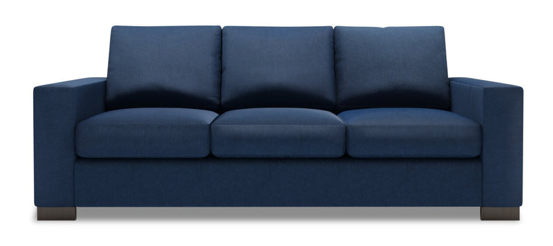 Sofa personnalisable Track de Sofa Lab de 85 po fabriqué au Canada en tissu d’apparence lin avec accoudoirs rectilignes - bleu Pax Navy