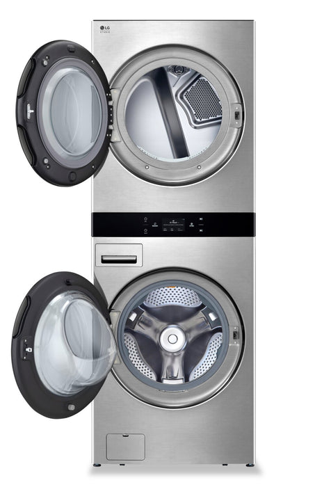 Tour de lavage WashTowerMC à la vapeur haute efficacité LG Studio à chargement frontal avec laveuse de 5,8 pi³ et sécheuse de 7,4 pi³ - acier Nobel - SWWE50N3