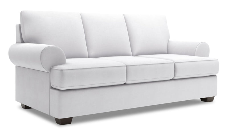 Sofa-lit personnalisable Roll de Sofa Lab de 86 po fabriqué au Canada en tissu d’apparence lin avec accoudoirs enroulés - blanc Pax Ice