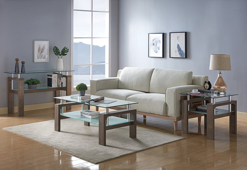 Table de salon moderne Harvy de 50 po avec dessus en verre et tablette - noisette