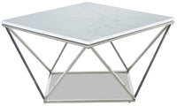 Table à café carrée moderne Amanda de 31,5 po - dessus en marbre blanc avec base en métal chromé